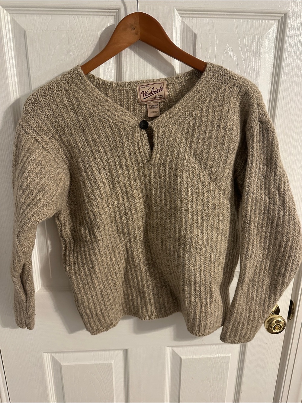 Woolrich Neutral Ribbed Wool Pullover with Single Button V-Notch